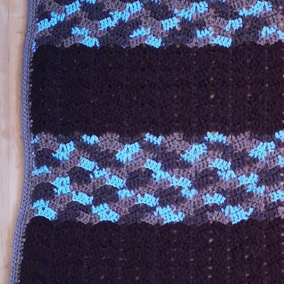 Handmade Crochet Afghan / Lap Blanket Dark Brown, Tan, & Teal 35"x 56" - Picture 4 of 4